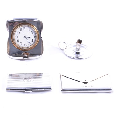 Lot 210 - Eight-day silver cased travel clock, chamber stick, and two silver card cases