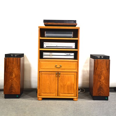 Lot 537 - Bang & Olufsen three-piece sound system, in an oak stereo cabinet