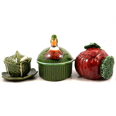 Lot 120 - Collection of Portuguese vegetable-themed tureens, pot, dish and lidded duck basket.