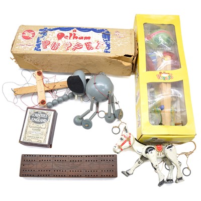 Lot 174 - Two Pelham Puppets, Muffin the Mule model, cribbage board and card game