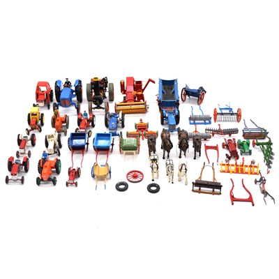 Lot 12 - A tray of model farm vehicles and equipment, including Dinky, Britains, Matchbox, and others