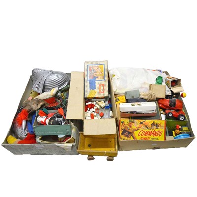 Lot 180 - Two trays of toys, including toy guns, soft toys, wooden toys, vehicles, etc.