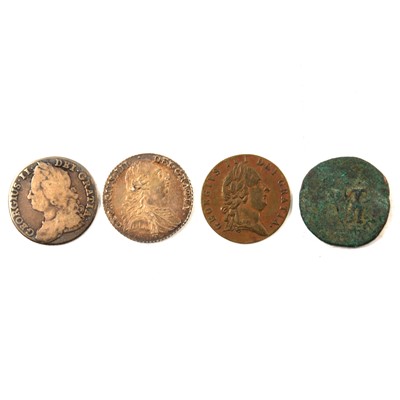 Lot 244 - George II and George III shillings, George III gaming token, and a possible Roman coin.