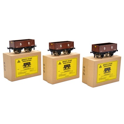 Lot 276 - Bassett Lowke O gauge model railway wagons, three BL99074 SR 7-plank coal wagons, boxed.