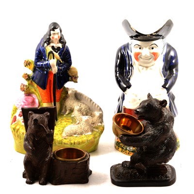Lot 97 - Two Black Forest bear smokers companions, Staffordshire shepherd and Toby jug.