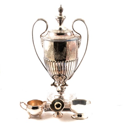 Lot 188 - A Walker & Hall silver plated tea urn, plated milk and sugar, etc, silver spoon and pusher set.