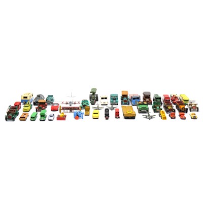 Lot 53 - Two trays of play worn die-cast model vehicles, including Matchbox, Dinky and others