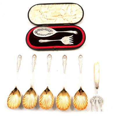 Lot 283 - Pair of silver sardine / char servers, Mappin & Webb Ltd, Sheffield 1906, and other flatware.