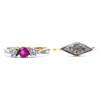 Lot 322 - A synthetic ruby and diamond three stone ring, and another diamond three stone ring.