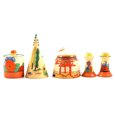 Lot 28 - Clarice Cliff, a collection of preserves, cruets and a sugar sifter