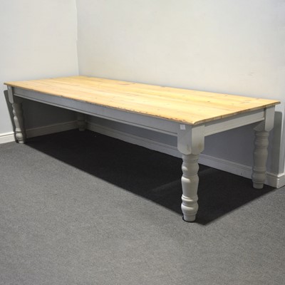 Lot 549 - Large modern stripped pine dining table, and eight various chairs
