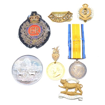 Lot 189 - A WWI Service Medal, military buttons and badges, Abbey Park, Thomas Ottley Agricultural medal.