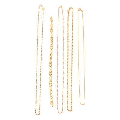Lot 295 - Four 9 carat gold necklaces and a bracelet.