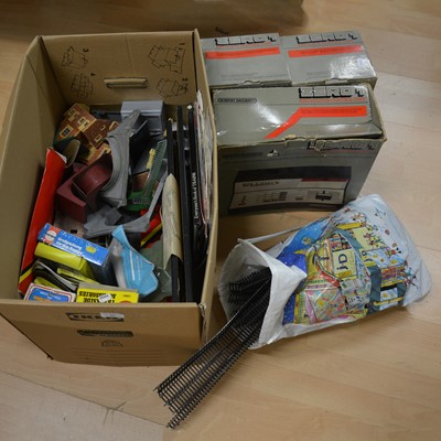 Lot 296 - A box containing OO gauge track, trackside accessories, controllers, etc.