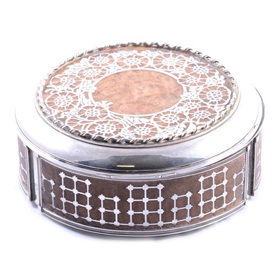 Lot 331 - Dutch silver and burr wood drum-shape box, marked Begeer