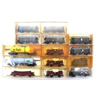 Lot 405 - Fourteen Fleischmann HO gauge coaches and wagons, boxed