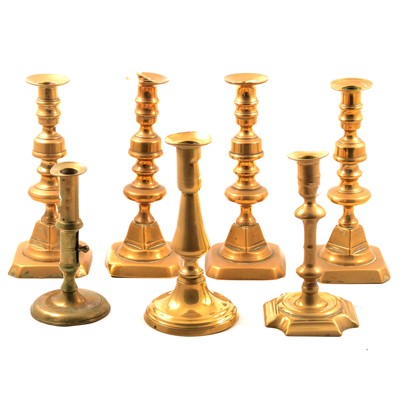 Lot 95 - Georgian brass candlestick, 15cm; another 18th...