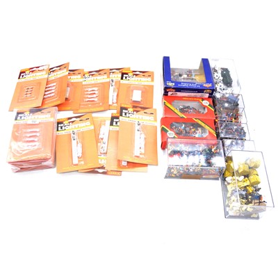 Lot 321 - Two boxes of OO gauge model railway trackside figures and carriage lighting