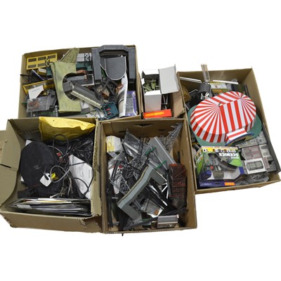 Lot 318 - Four boxes of OO gauge model railway buildings, magazines, controllers, etc.