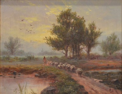 Lot 236 - Follower of Joseph Farquharson, Sheep and drover at dusk