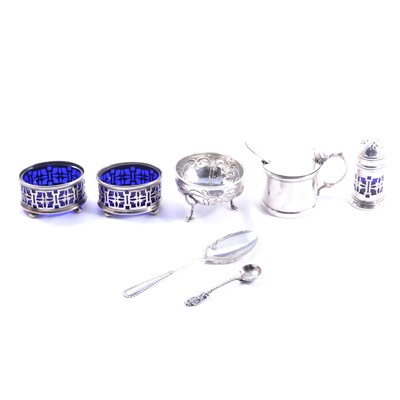 Lot 207 - Silver condiments set, drum mustard, spoons, and white metal bowl.