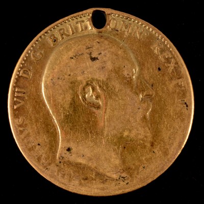Lot 186 - A gold Full Sovereign coin, Edward VII 1910, worn and pierced.