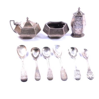 Lot 230 - Silver three-piece condiment set, John Round, Sheffield 1921, and other silver