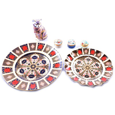 Lot 108 - Royal Crown Derby plates, Cat paperweight, and quantity of Halcyon Days enamels