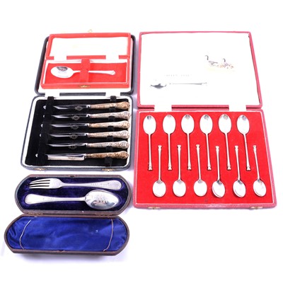 Lot 349 - Set of twelve silver teaspoons and coffee spoons, Francis Howard Ltd, Sheffield 1966, and other flatware.