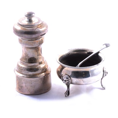 Lot 335 - Silver salt, B & Co Ltd, Sheffield 1917, peppermill and salt spoon.