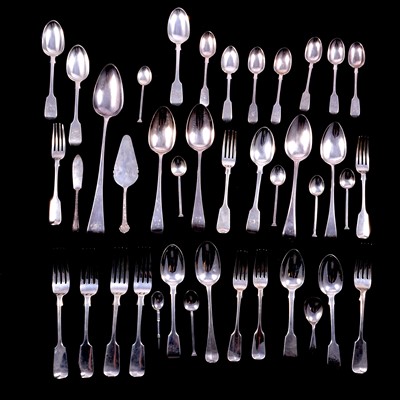 Lot 344 - George I silver tablespoon, M*?, London 1717, and other Georgian and later flatware.