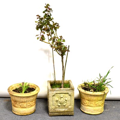Lot 576 - Pair of reconstituted stone circular garden planters, and a square planter