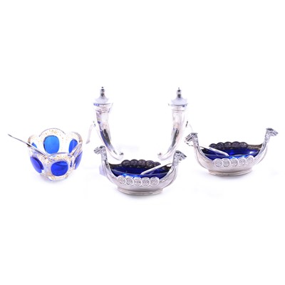 Lot 338 - Pair of Swedish white metal long boat salts, two other salts, and a small glass salt.