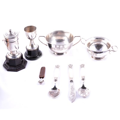 Lot 351 - Silver twin-handled bowl, K&L, Birmingham 1928, other small silver items, medals and coins.