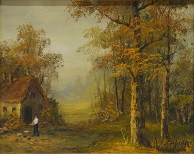 Lot 291 - Irene Cafieri, Figure in a woodland landscape, and other small oils