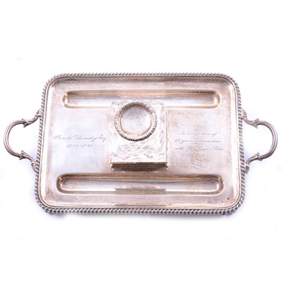 Lot 345 - Silver twin-handled presentation desk tidy, Thomas Bradbury & Sons, London 1904.