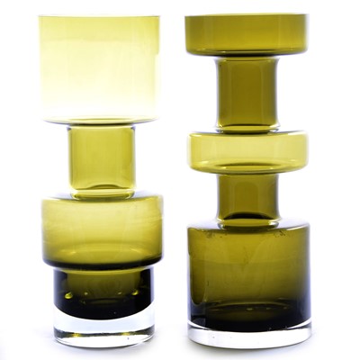Lot 74 - Tamara Aladin for Riihimaki, two mid-century Finnish glass vases, bottle green