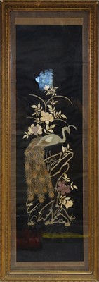 Lot 422 - Large embroidered silk panel of a peacock on floral branches, black ground