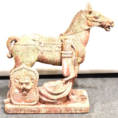 Lot 489 - Cast concrete Chinese warrior horse garden ornament
