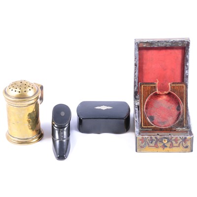 Lot 187A - Two ebonised snuff boxes, a brass pepper pot, and a Boulle work watch case
