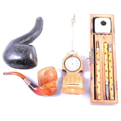 Lot 201A - Meerschaum pipe, another German pipe, pocket watch, walnut pen box, etc
