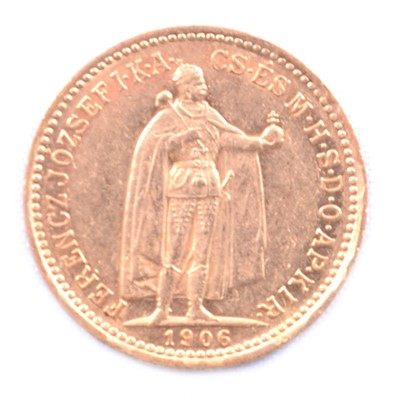Lot 186A - A gold 10 Corona Austro-Hungarian coin, Franz Joseph I, 1906