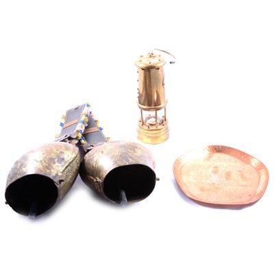 Lot 231 - Copper warming pan, Swiss cowbells, etc.