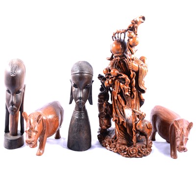Lot 213 - Eastern bronzed metal mask, carved wooden masks, animals, etc.