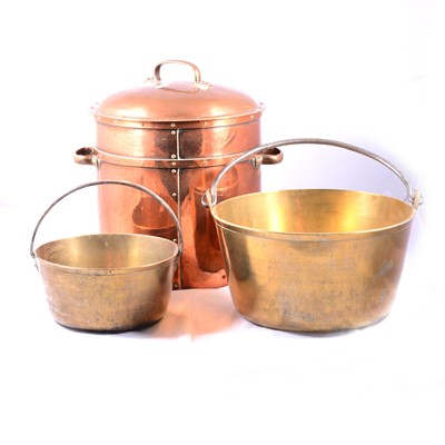 Lot 261 - Arts & Crafts style copper log bin and two brass jam pans