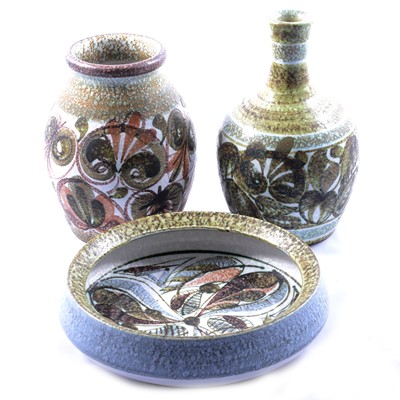 Lot 148 - Bourne Denby - a Glyn Colledge bowl, and two Denby Pottery vases.