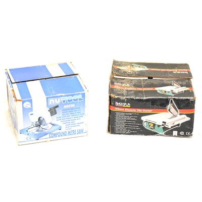 Lot 572 - Nutool MS200 compound mitre saw and a Blackspur 34mm tile cutter.