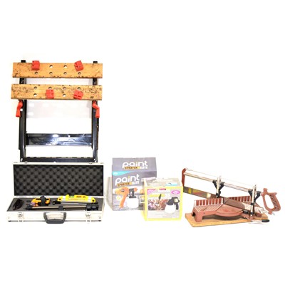 Lot 574 - Infiniter Laser Edge 45, sprayers, knife set, mitre saw, miscellaneous hand tools, workbench etc.