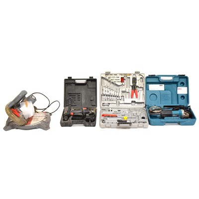 Lot 571 - Makita planer, Makita angle grinder, chop saw, and other tools.