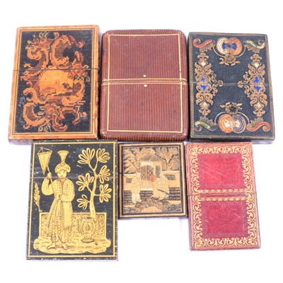 Lot 356 - Tunbridge inlaid card case, four other card cases and a lacquered panel